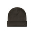 A dark brown cuff beanie with a ribbed texture and a folded brim. It features a logo.