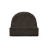 A dark brown beanie with a textured knit design and a folded cuff. It features a logo on the side.