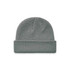 A grey beanie with a textured knit design and a folded cuff, featuring a logo.