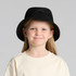 A black kids bucket hat featuring a wide brim and a simple design, suitable for outdoor activities.