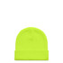 A bright yellow beanie with a folded cuff and a logo on the side.