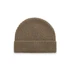 A brown knitted beanie with a ribbed cuff and a smooth top, featuring a logo on the side.