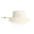 A cream nylon wide brim bucket hat with an adjustable chin strap and a rounded top.