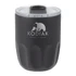 A drink bottle with a black exterior and clear lid, featuring a logo and a rounded design suitable for beverages.
