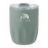 A drink bottle with a matte green finish, featuring a ceramic liner and a transparent lid. It has a logo on the front.