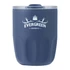 A drink bottle in navy blue with a matte finish and a clear lid, featuring a logo on the front.