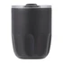 A drink bottle in matte black with a clear lid, featuring a logo on the side. The design is sleek and modern.