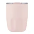 A drink bottle in soft pink with a clear lid, featuring a smooth finish and a branding logo on the surface.