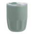 A drink bottle in matte sage green with a clear plastic lid and a textured design. It features a branding logo.