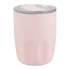 A drink bottle in soft pink with a clear lid, featuring a ceramic liner and a logo.