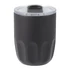 A drink bottle in matte black with a clear lid and a textured base, featuring a logo.