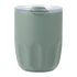A drink bottle featuring a green exterior with a transparent lid and a ceramic liner inside. It has a simple, rounded design and includes a logo.