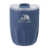 A drink bottle in navy blue with a clear lid and an embossed logo on the front.