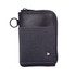 A black and grey zippered wallet with a textured surface and a ring attachment, featuring a logo on the front.