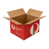 A red carton box, opened, featuring a white logo and branding, measuring 40 × 30 × 25 cm.