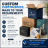 A variety of small carton boxes in different colours, featuring a logo and promotional text on packaging solutions.