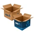 Two large brown carton boxes, one with a blue logo, both featuring open flaps.