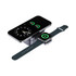 A magnetic wireless charging station with a black finish, designed for a smartphone and smartwatch, featuring a circular display.