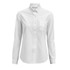 A white women's Oxford shirt with long sleeves and a front pocket, featuring a collar and buttons. It has a logo.