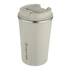 A drink bottle with a double wall, vacuum insulated design, featuring a cream colour and a lid, includes a logo.