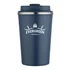 A drink bottle featuring a navy exterior and a stainless steel rim, with a logo on the front.
