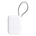 A white power bank with a textured cord, featuring a sleek design and a branding logo.