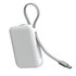 A white power bank with a grey braided strap and a USB-C cable attached. It features a logo on the surface.