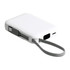 A white portable power bank with a grey strap and charging ports on the side. It has a smooth, minimalist design.