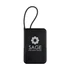 A black power bank with a textured surface and a braided strap, featuring a logo on the front.