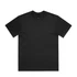 A black t-shirt with a crew neck and short sleeves featuring a logo on the inside neck.
