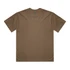A brown T-shirt with short sleeves and a round neckline, featuring a brand logo on the tag.