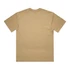 A plain khaki T-shirt with short sleeves and a round neckline, featuring a logo on the back.