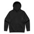 A black hooded sweatshirt with a front pocket and a logo. No additional features are visible.