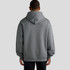 A grey hooded sweatshirt with a relaxed fit, featuring a spacious back and a hood. It has a logo.