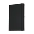 A black A5 journal book with a hardcover and an elastic band closure. It features a logo on the cover.