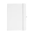 A white A5 journal with a grey elastic band, featuring a smooth cover and a logo.
