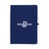 A navy A5 journal with an elastic closure and a logo on the front cover.