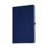 A navy blue A5 journal with a hardcover and an elastic band, featuring a logo on the front.