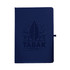 Navy blue A5 recycled journal with a logo on the cover, featuring a leaf and festival-themed graphics.