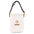 A cream cooler bag with a shoulder strap and a logo, suitable for carrying drinks and snacks.
