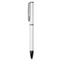 A white and black recycled aluminium twist ballpoint pen with a clip and branding.