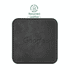 A wireless charger made of black recycled leather, featuring a subtle branding and a square design.
