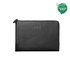 A black tablet case with a zip closure, featuring a logo and a sustainable product badge.