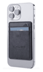 A sleek black mini wallet attached to a smartphone, featuring a textured finish and a logo.