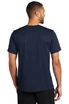 A navy blue T-shirt with short sleeves, featuring a logo on the back.