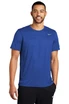 A blue Nike Team rLegend Tee featuring a logo, displayed on a male model, styled with black pants.