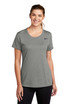 A grey Nike ladies' t-shirt with a round neck and short sleeves, featuring a logo.