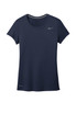 A navy blue women's T-shirt with a round neckline and short sleeves, featuring a logo on the chest.