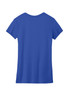 A blue short-sleeved women's T-shirt with a round neck and a logo on the back.