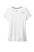A white Nike ladies' T-shirt featuring a fitted design and a logo on the front.